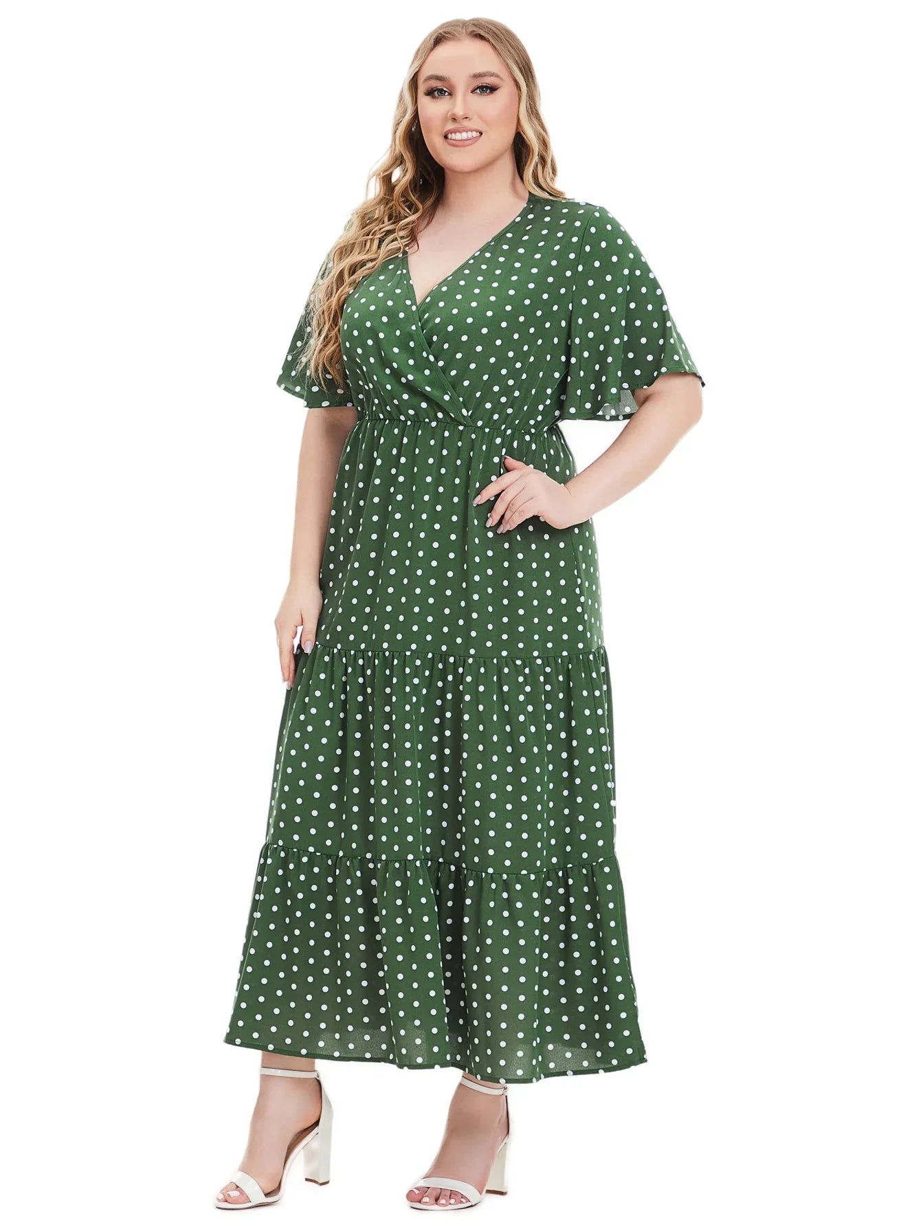 Plus Size Polka Dot V-Neck Boho Maxi Dress