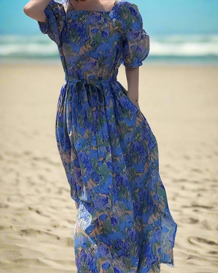 Women’s Chic Floral Long Dress – Casual Puff Sleeves