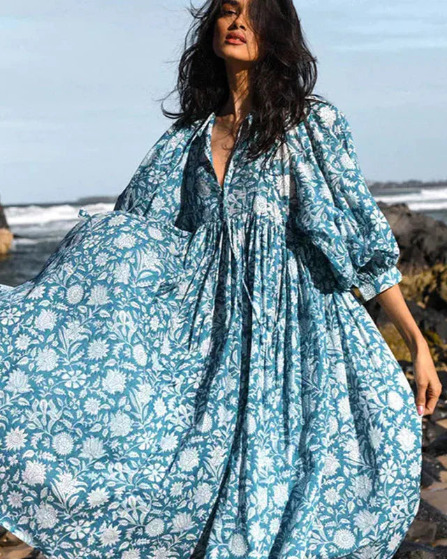 Boho Vintage Floral Puff Sleeve Patchwork Pleated Dress