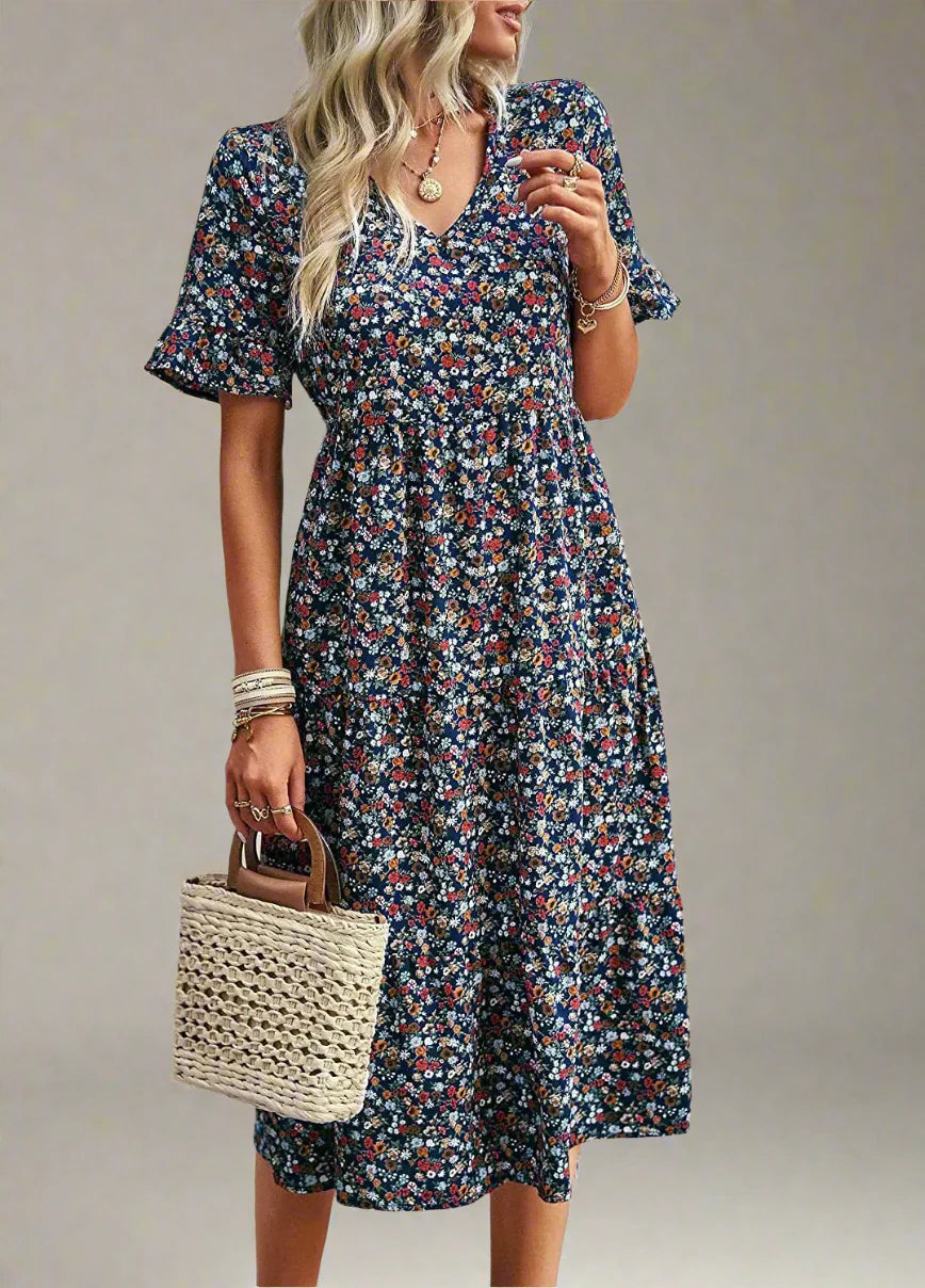 Boho Floral V-Neck Dress Casual Floral Knee-Length Outfit