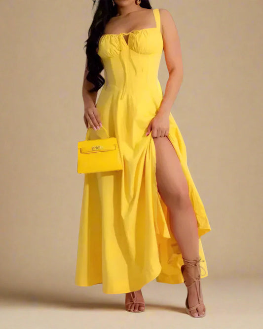 Women’s Strapless A-Line Slit Waistband Maxi Dress