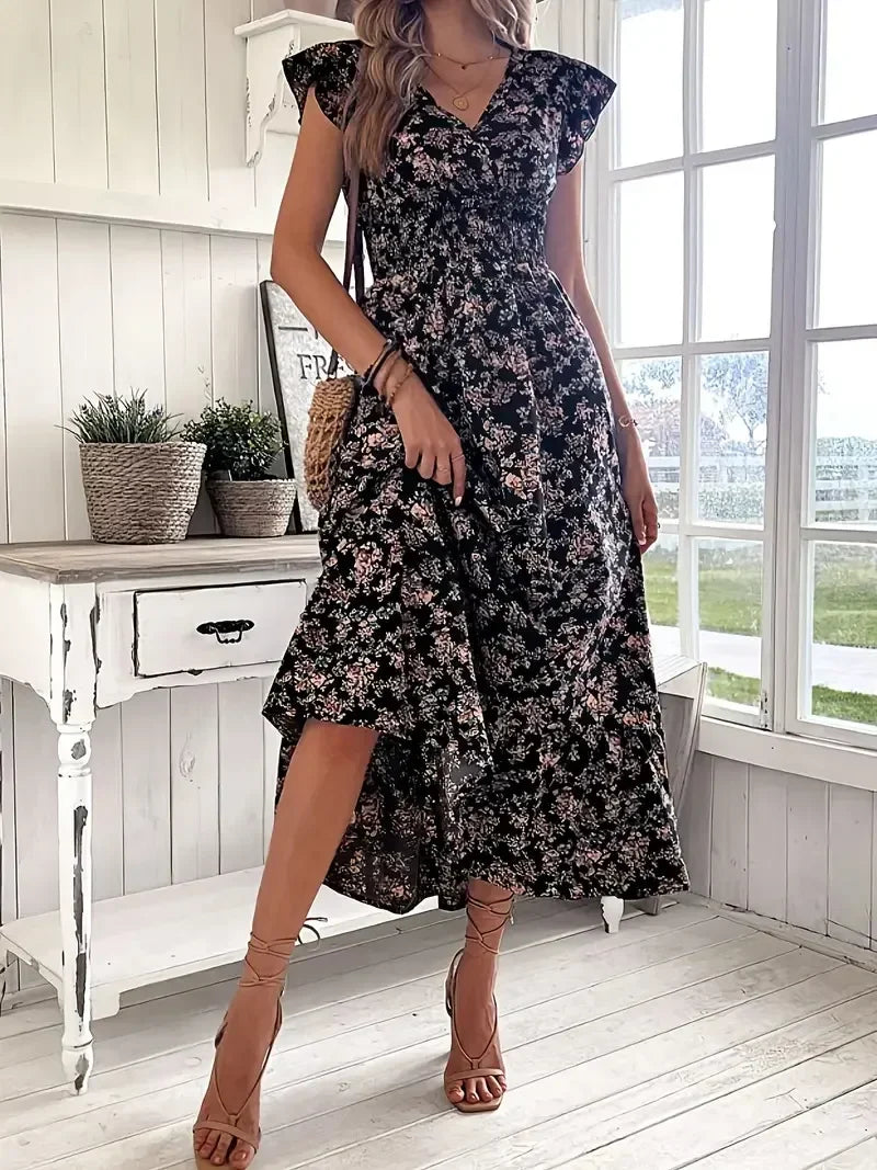 Plus Size Floral Maxi – V-Neck Ruffle Sleeve Dress