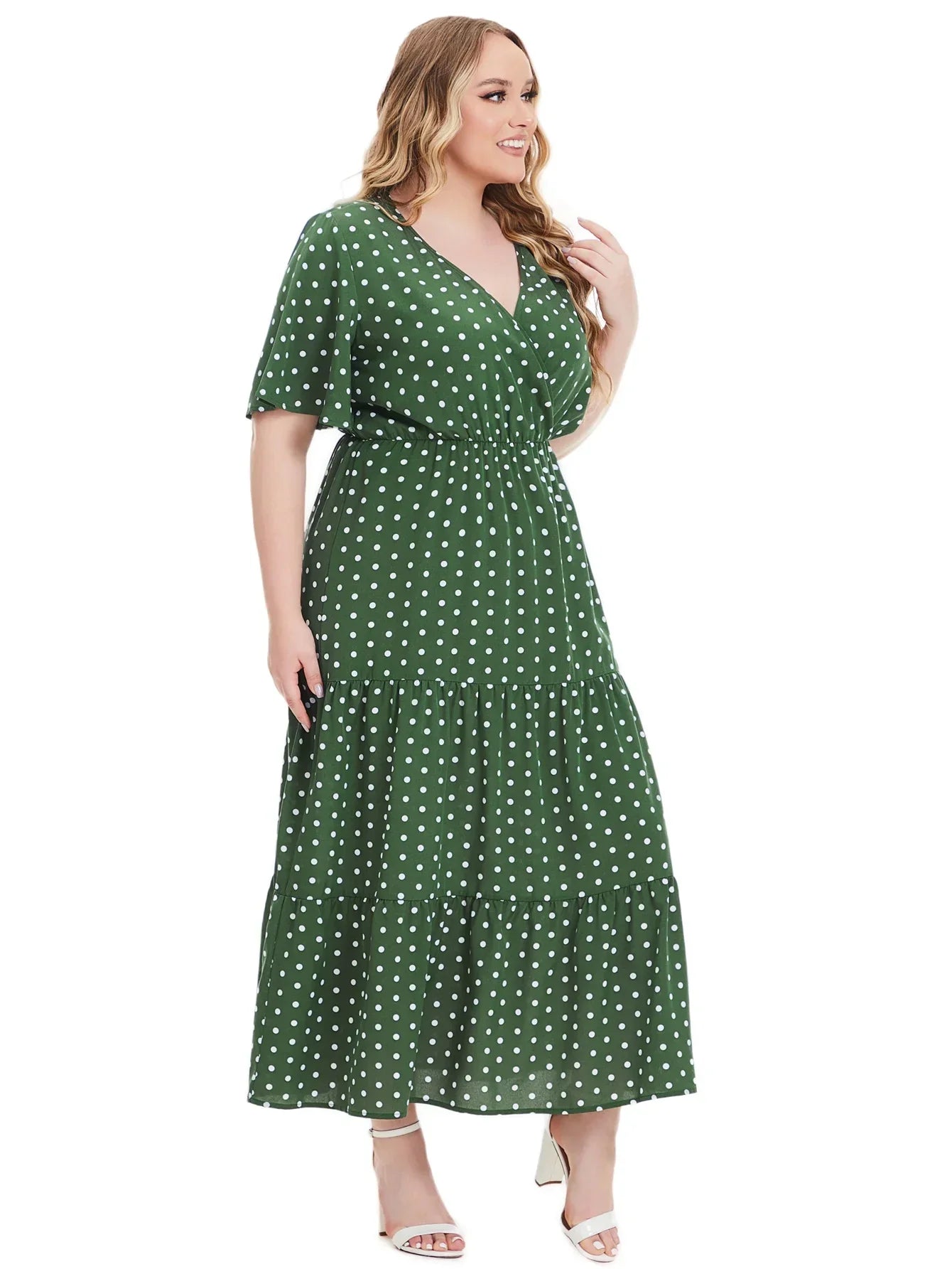 Plus Size Polka Dot V-Neck Boho Maxi Dress