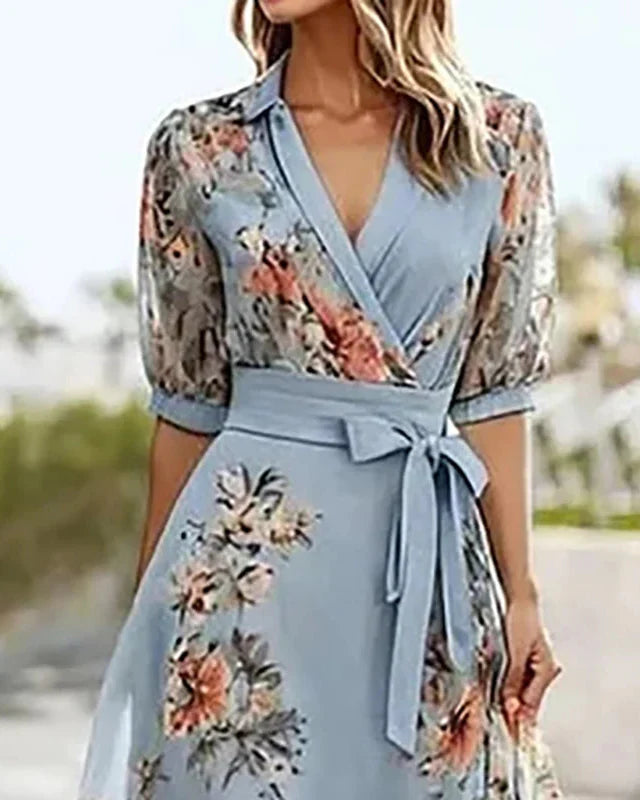 Floral Print V-Neck Tie-Up Maxi Dress