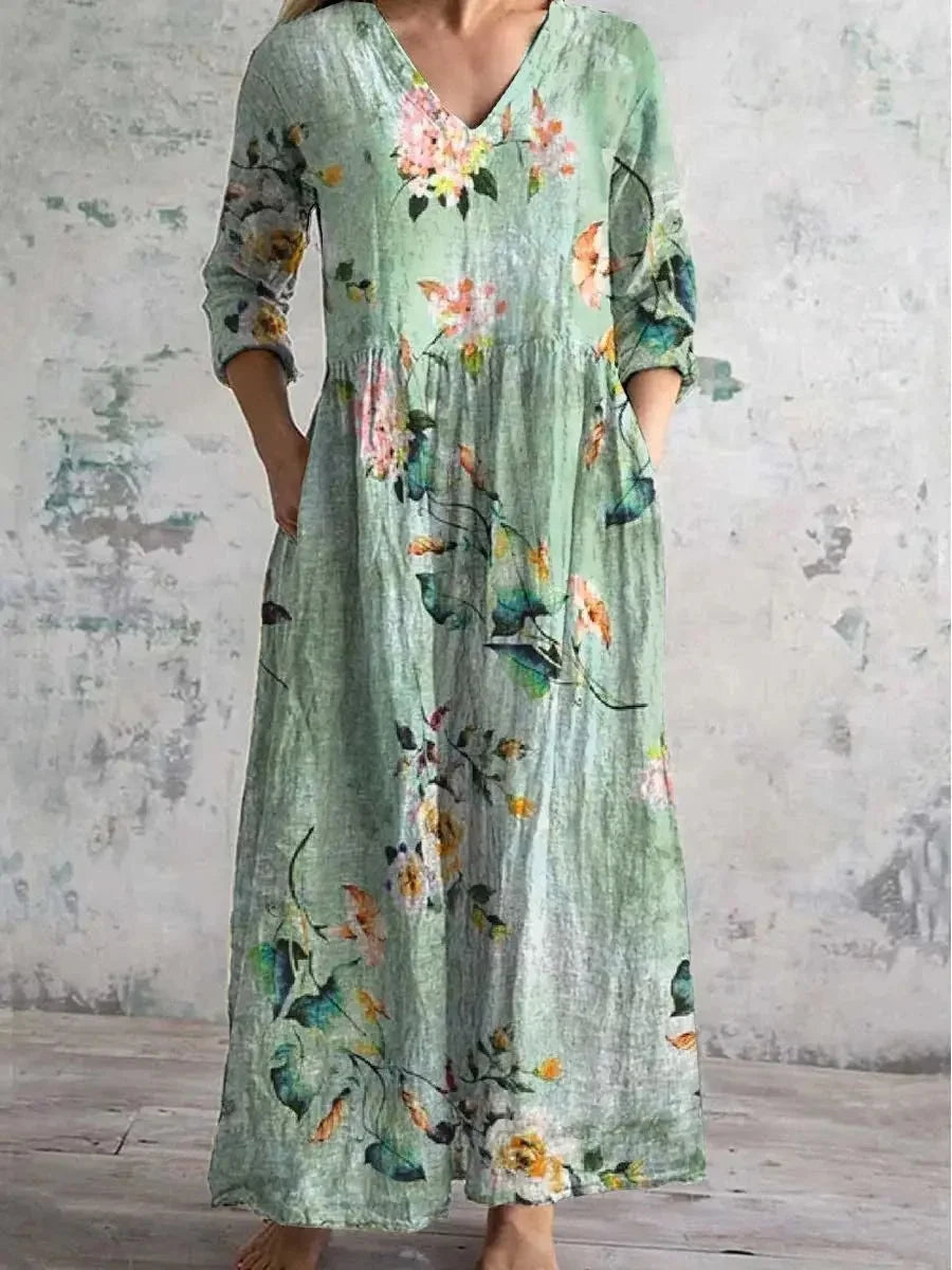 Casual Floral Print Mid-Length V-Neck Midi Dress
