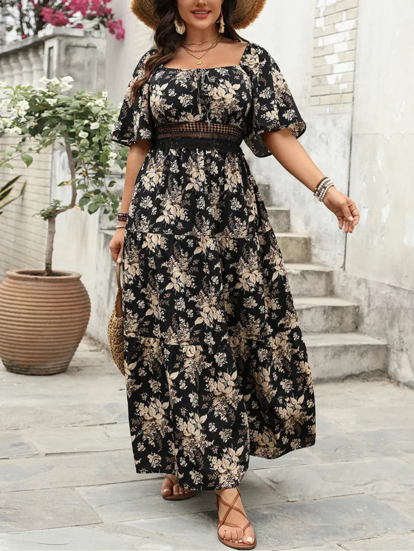 Flowy Butterfly Sleeve Tiered Maxi Dress