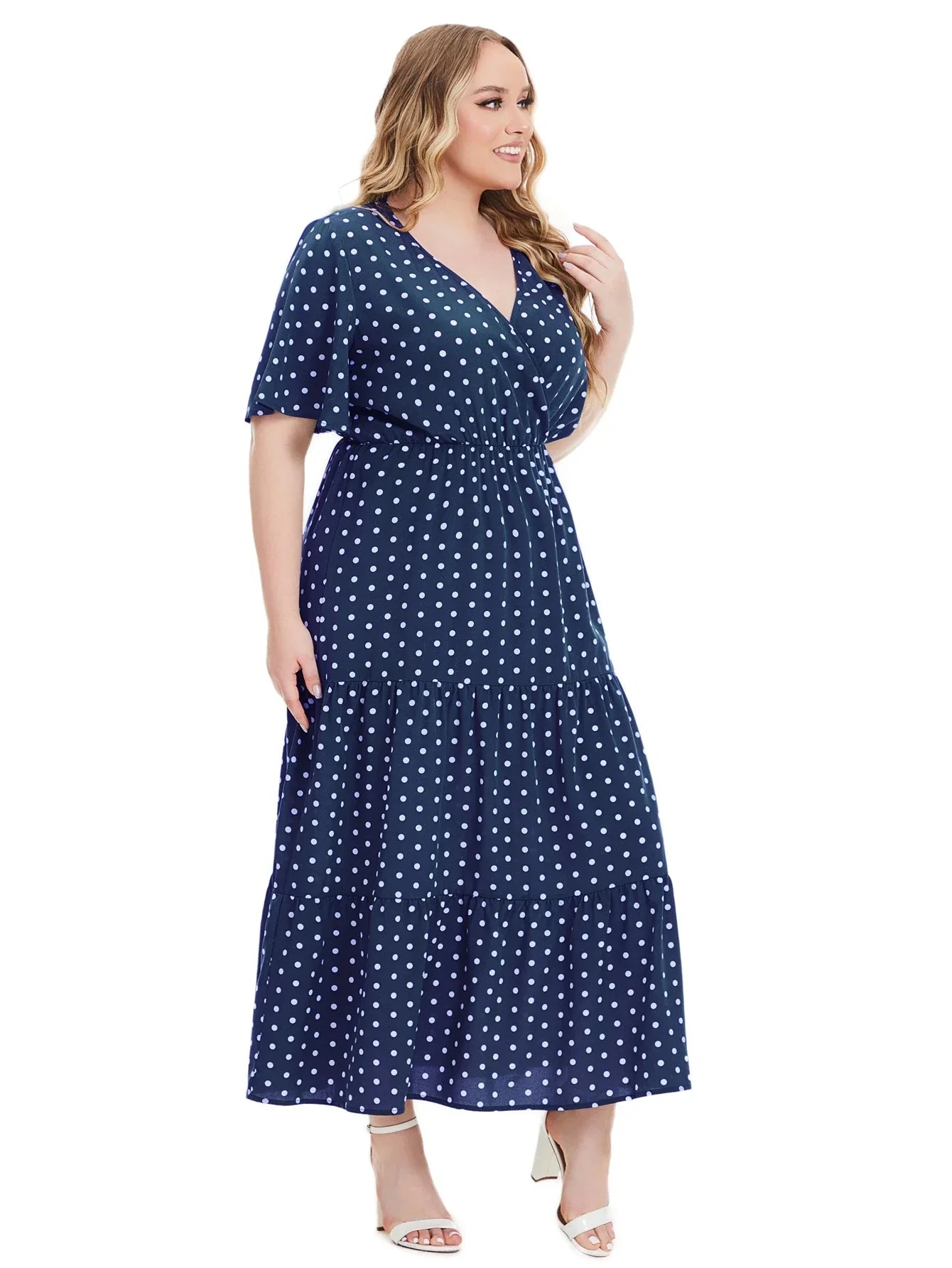 Plus Size Polka Dot V-Neck Boho Maxi Dress