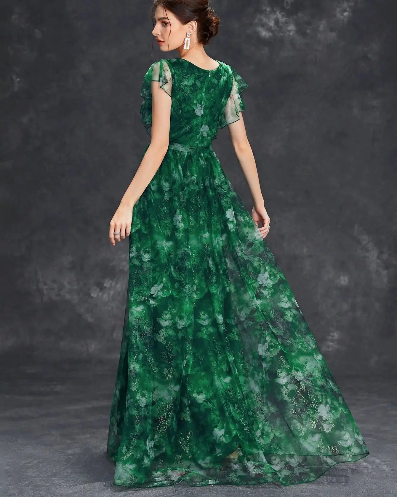 V-Neck Ruffled Lace Evening Gown – Ankle-Length Dress