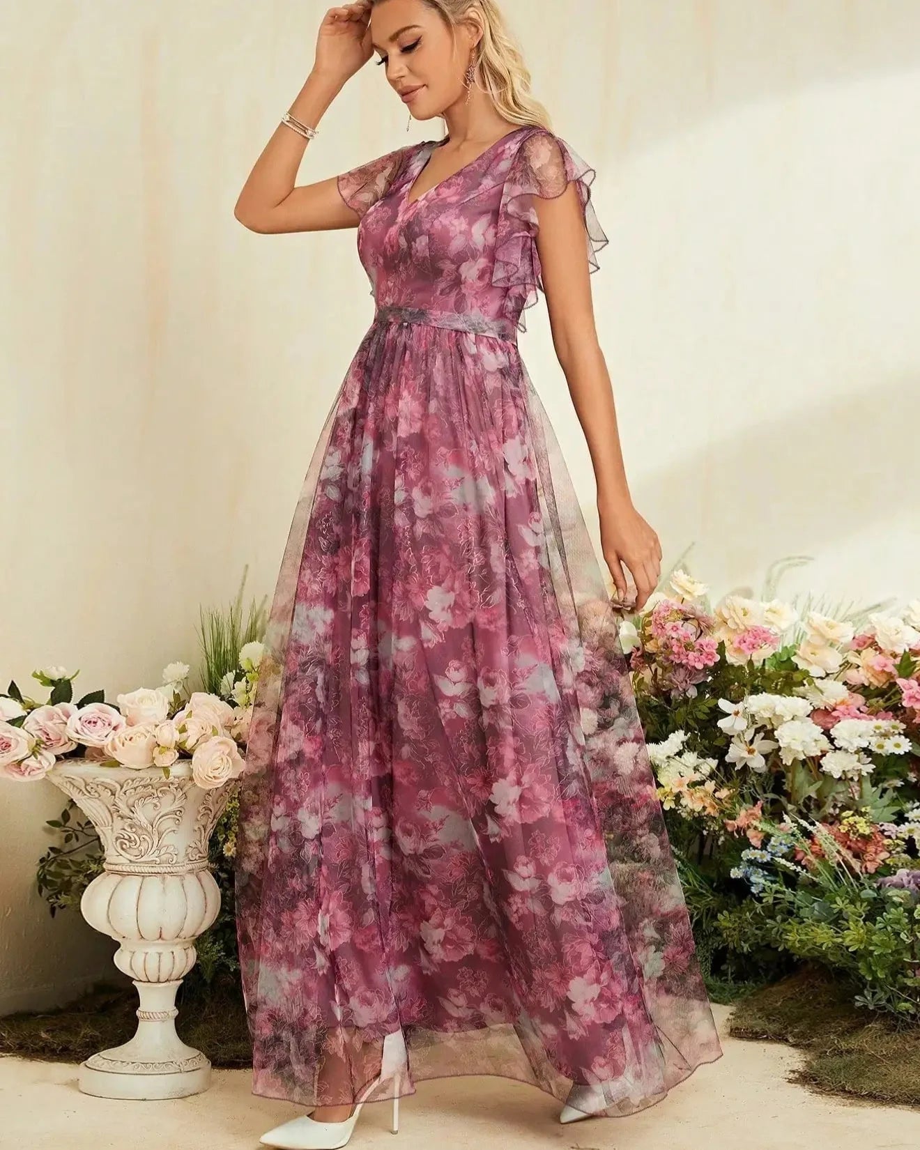 V-Neck Ruffled Lace Evening Gown – Ankle-Length Dress