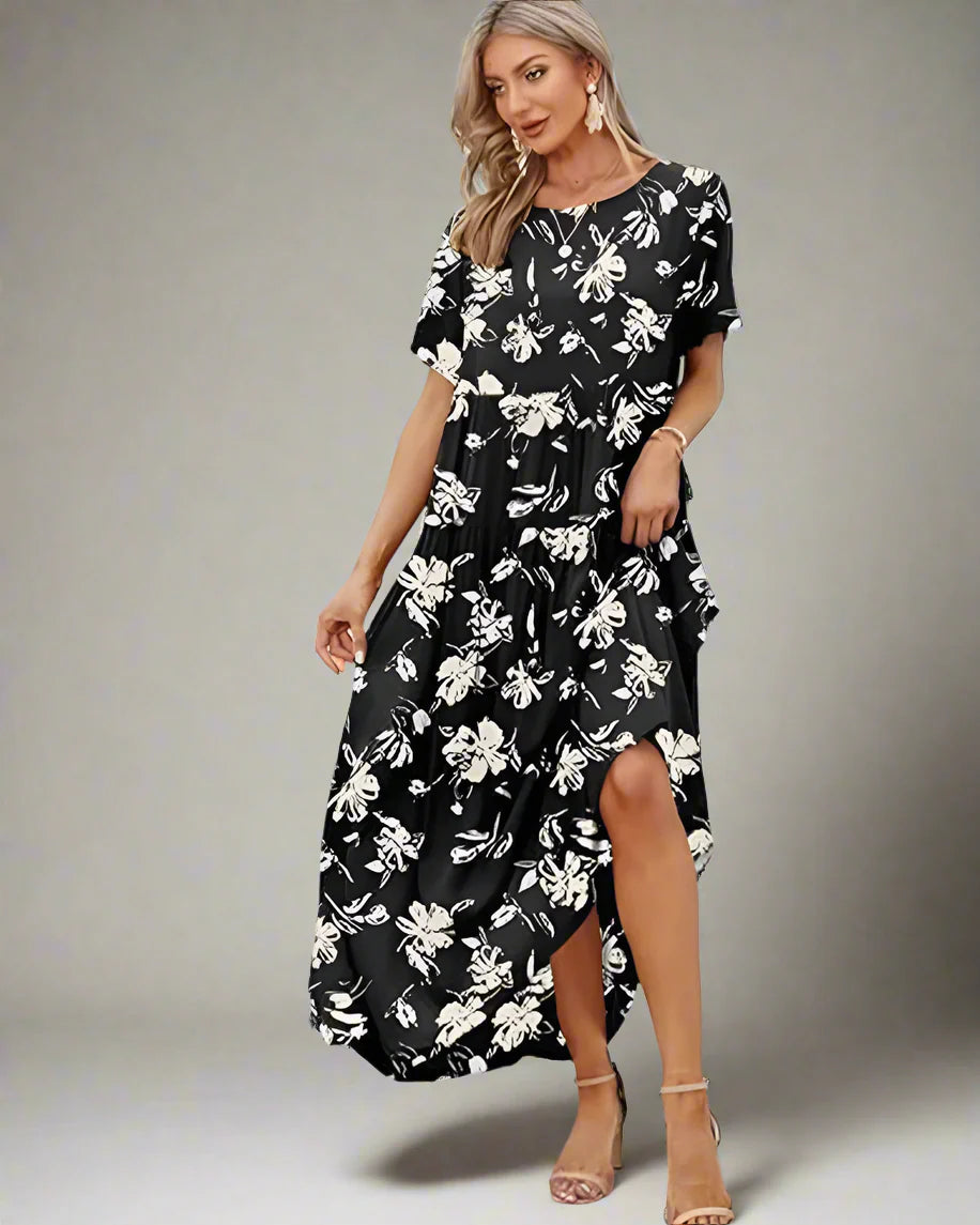 Black Floral Print Maxi Dress – Loose-Fit Long Summer Dress