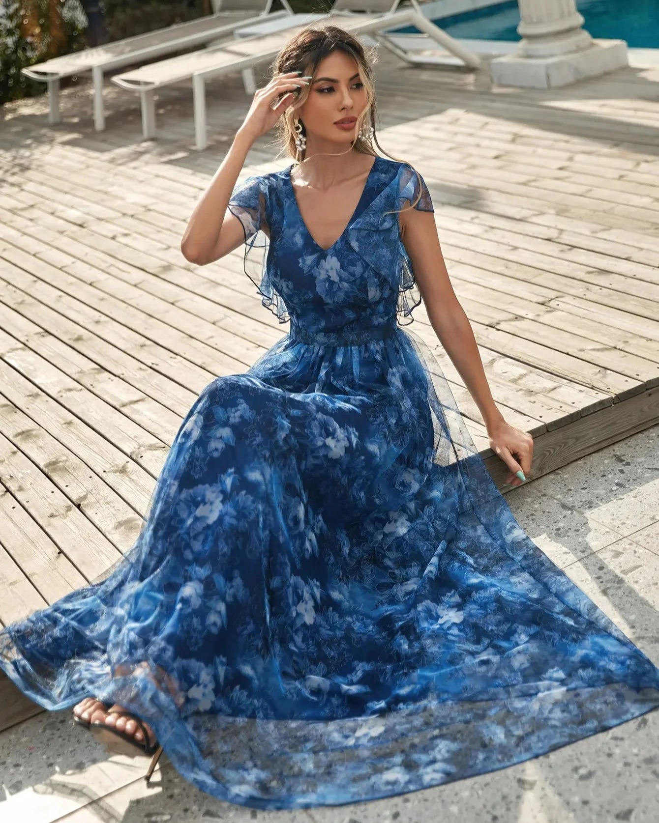 V-Neck Ruffled Lace Evening Gown – Ankle-Length Dress
