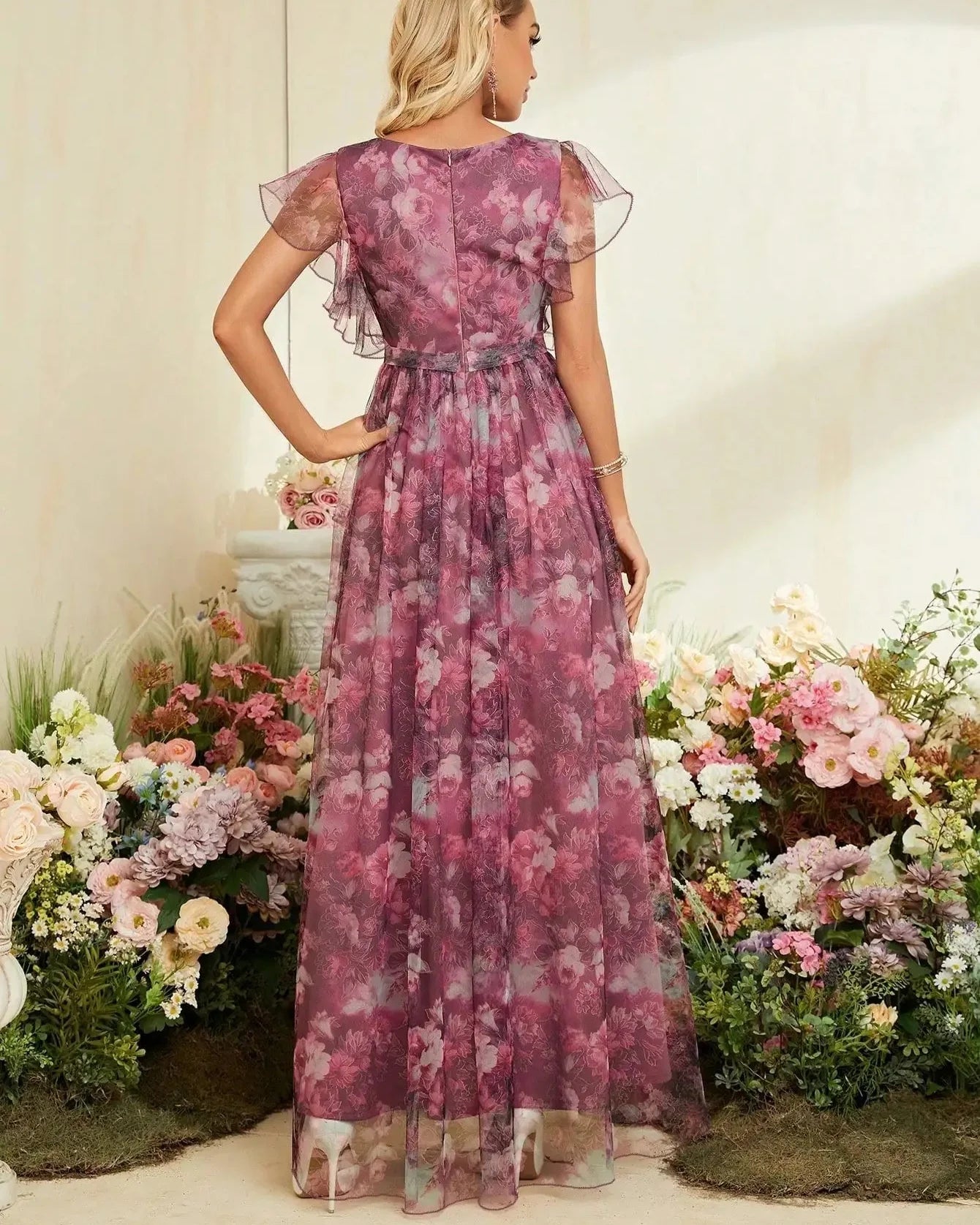 V-Neck Ruffled Lace Evening Gown – Ankle-Length Dress