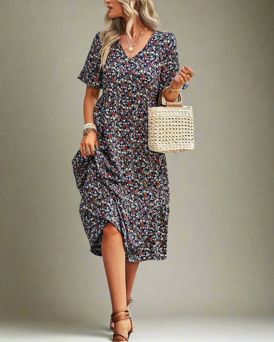 Boho Floral V-Neck Dress Casual Floral Knee-Length Outfit