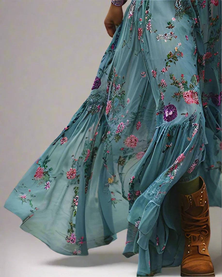 Bohemian Floral Maxi Dress – V-Neck A-Line Long Sleeves