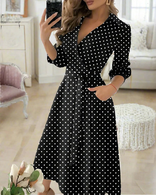 Women's Polka Dot Elegance Belted Midi Dress