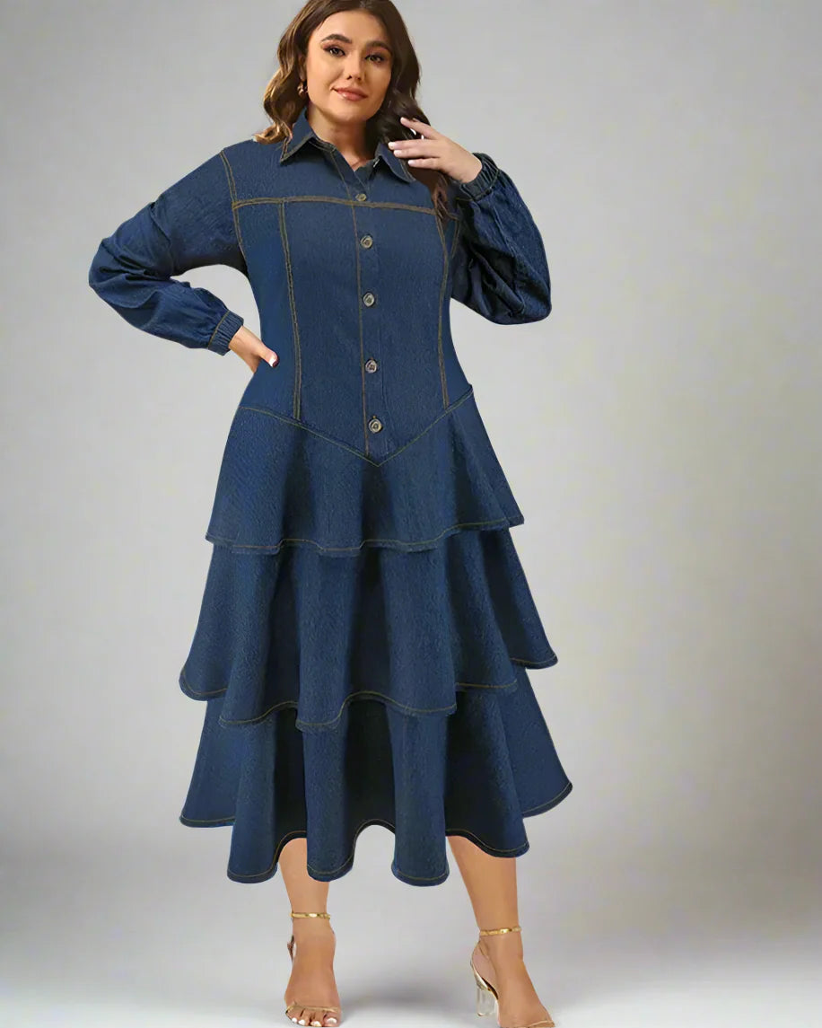 Plus Size Denim Shirt Dress Tiered Maxi Long Sleeve Dress