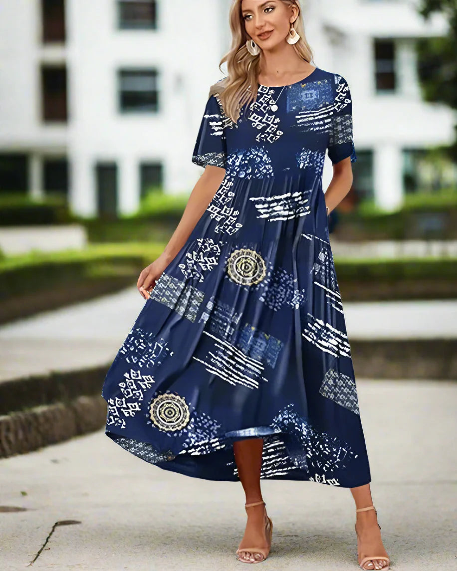 Boho Blue Printed Maxi Dress Casual Loose-Fit Long Dress