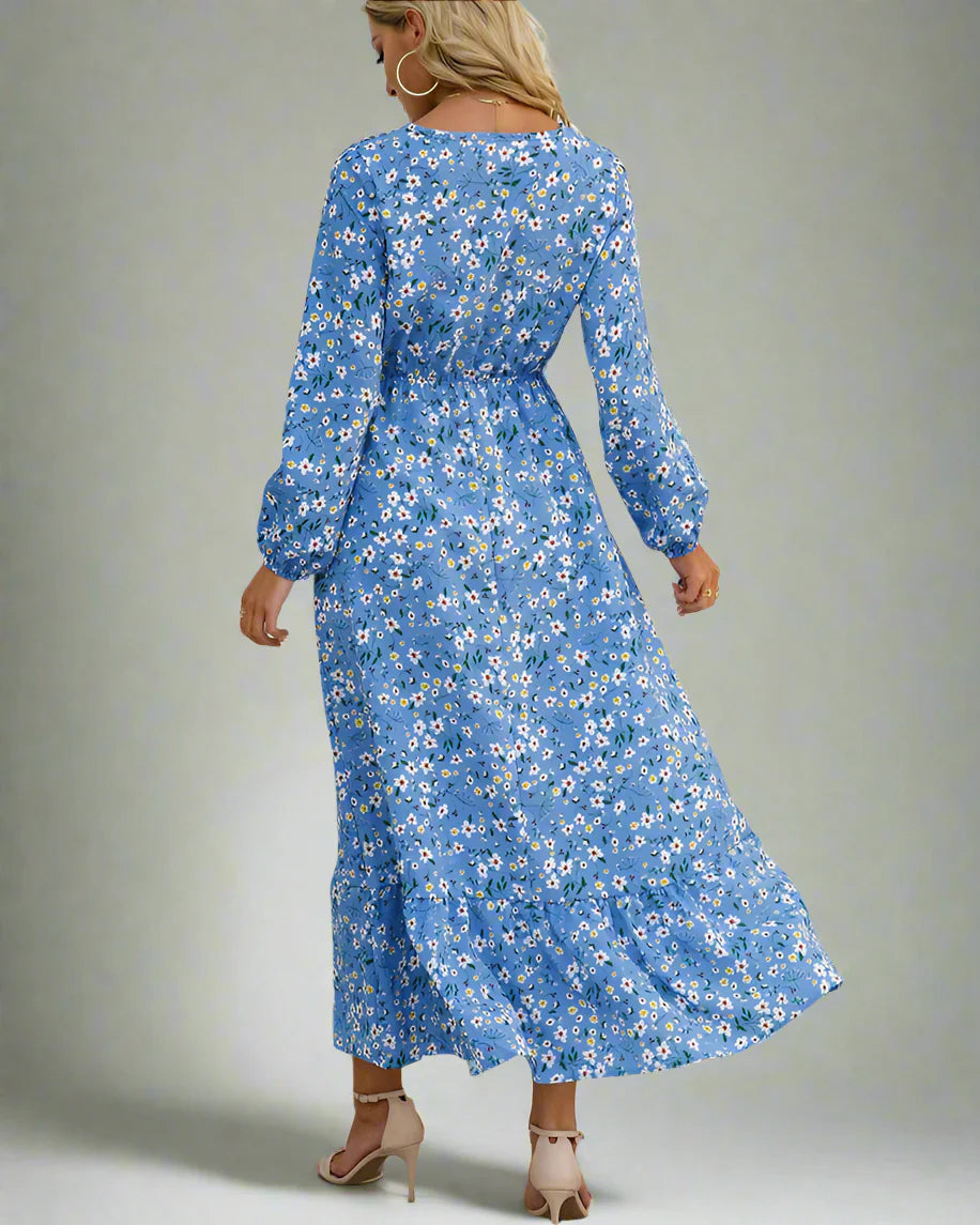 Breezy O Neck Long Sleeve Chiffon A Line Long Maxi Dress