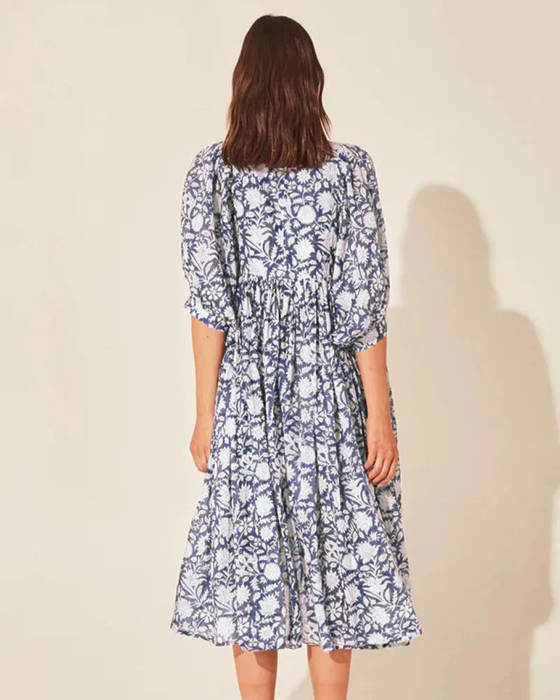 Boho Vintage Floral Puff Sleeve Patchwork Pleated Dress