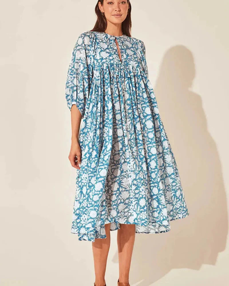 Boho Vintage Floral Puff Sleeve Patchwork Pleated Dress