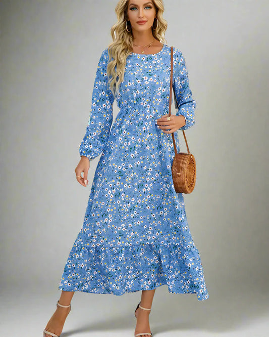 Breezy O Neck Long Sleeve Chiffon A Line Long Maxi Dress