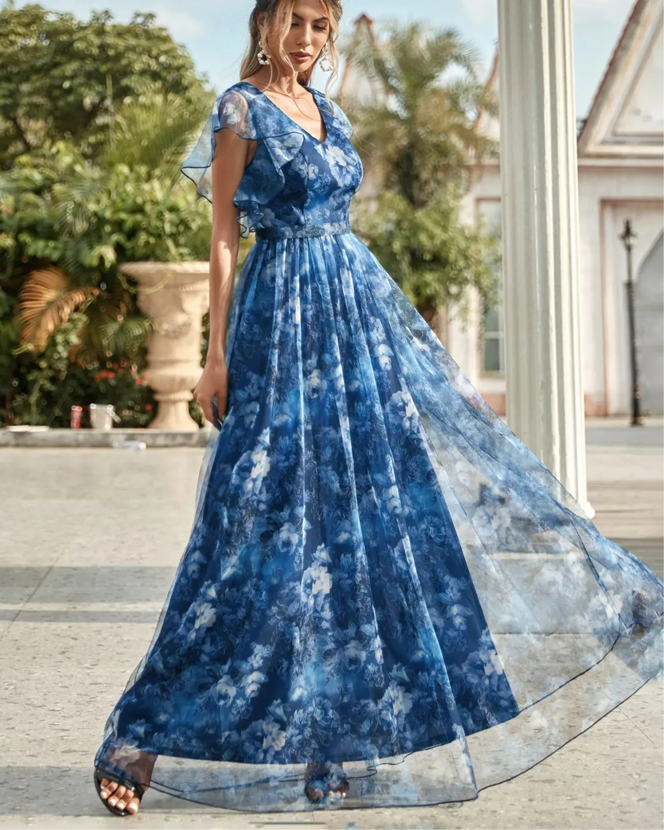 V-Neck Ruffled Lace Evening Gown – Ankle-Length Dress