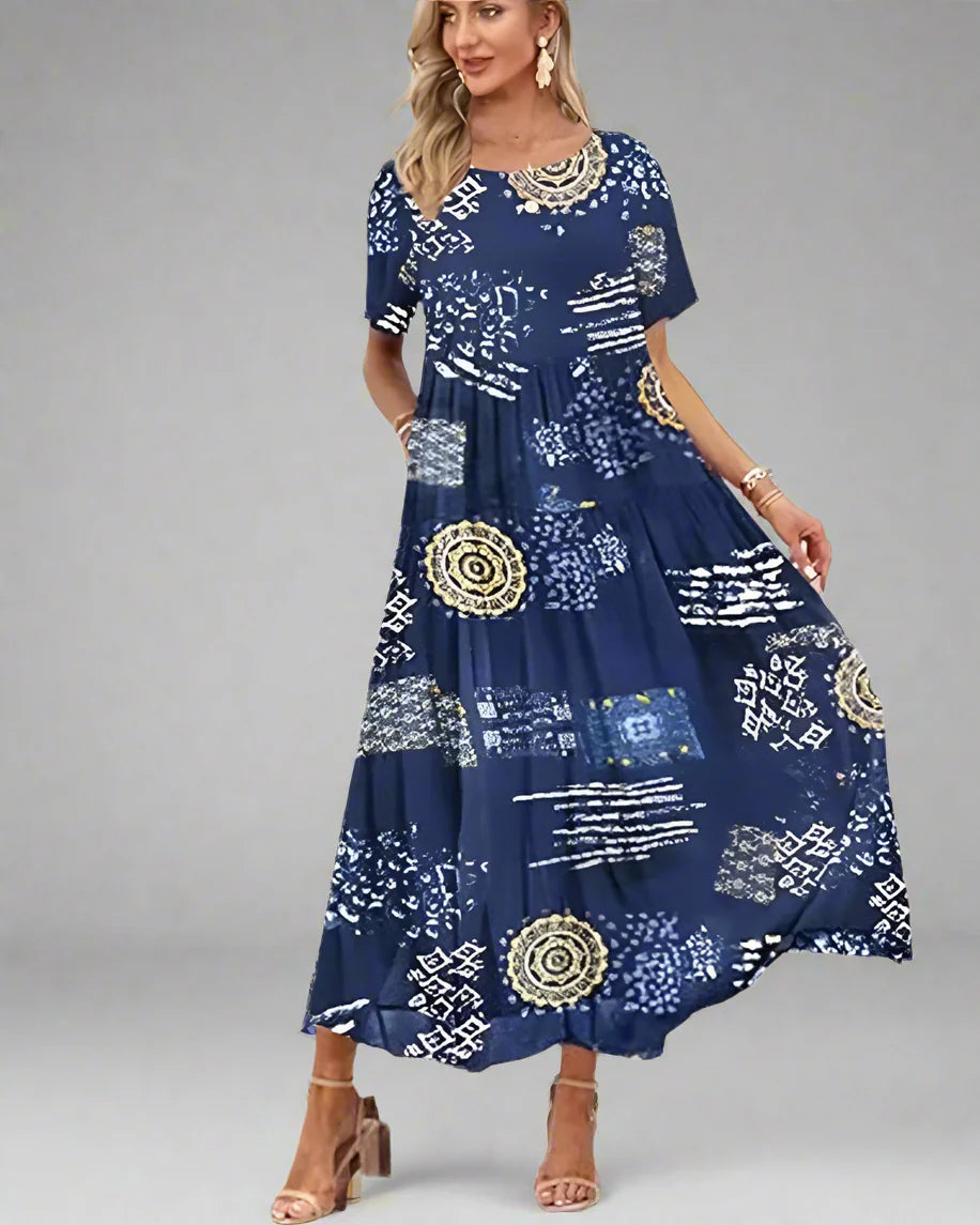 Boho Blue Printed Maxi Dress Casual Loose-Fit Long Dress