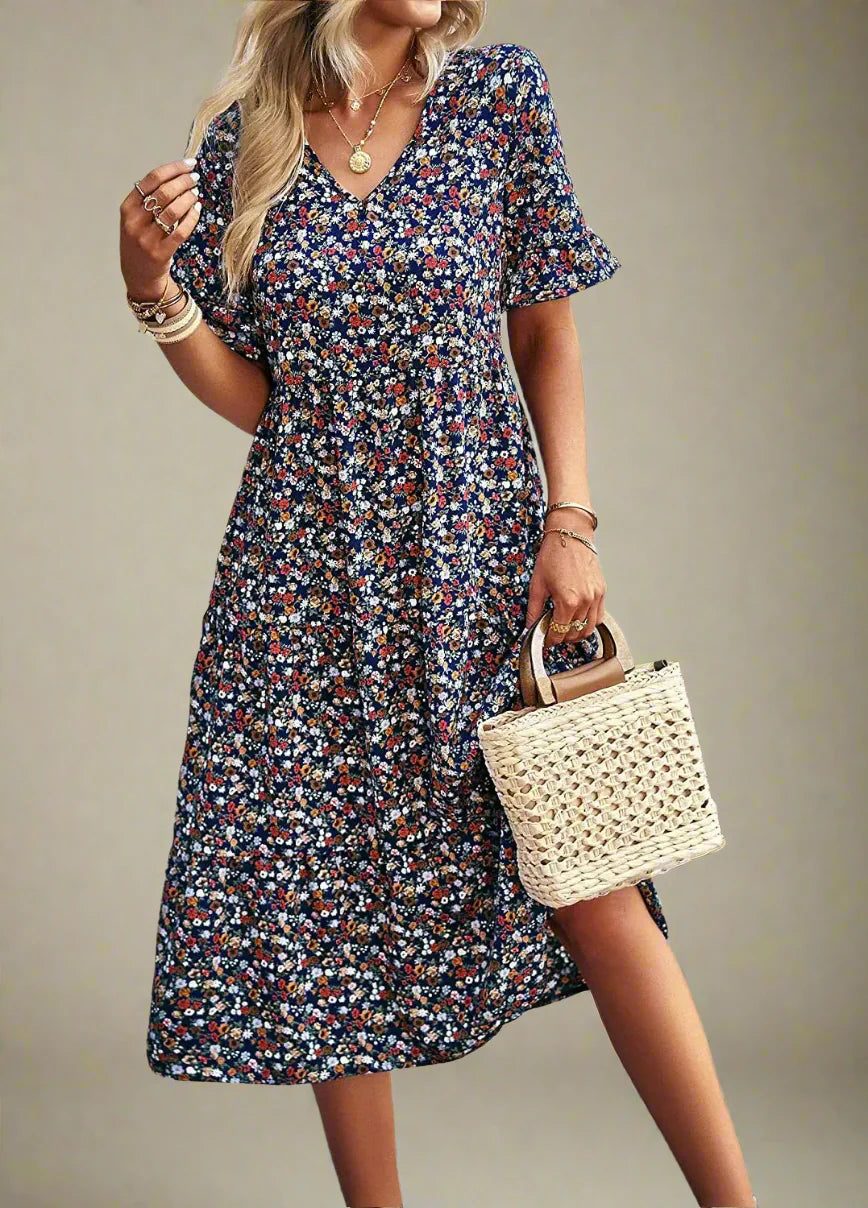 Boho Floral V-Neck Dress Casual Floral Knee-Length Outfit