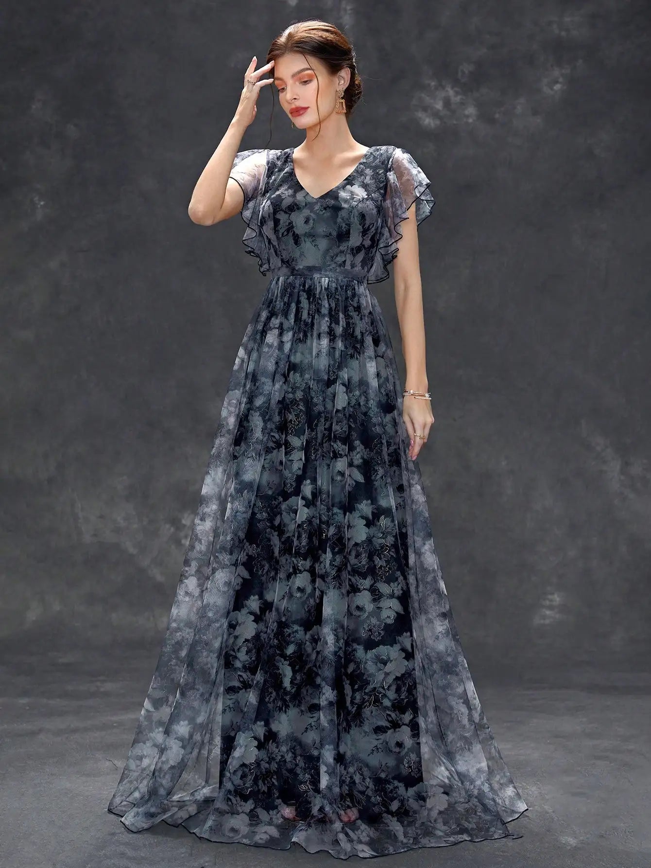 V-Neck Ruffled Lace Evening Gown – Ankle-Length Dress