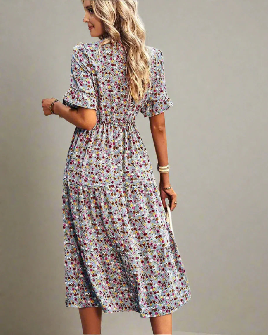 Boho Floral V-Neck Dress Casual Floral Knee-Length Outfit