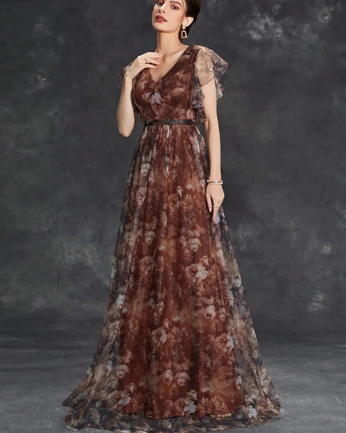 V-Neck Ruffled Lace Evening Gown – Ankle-Length Dress