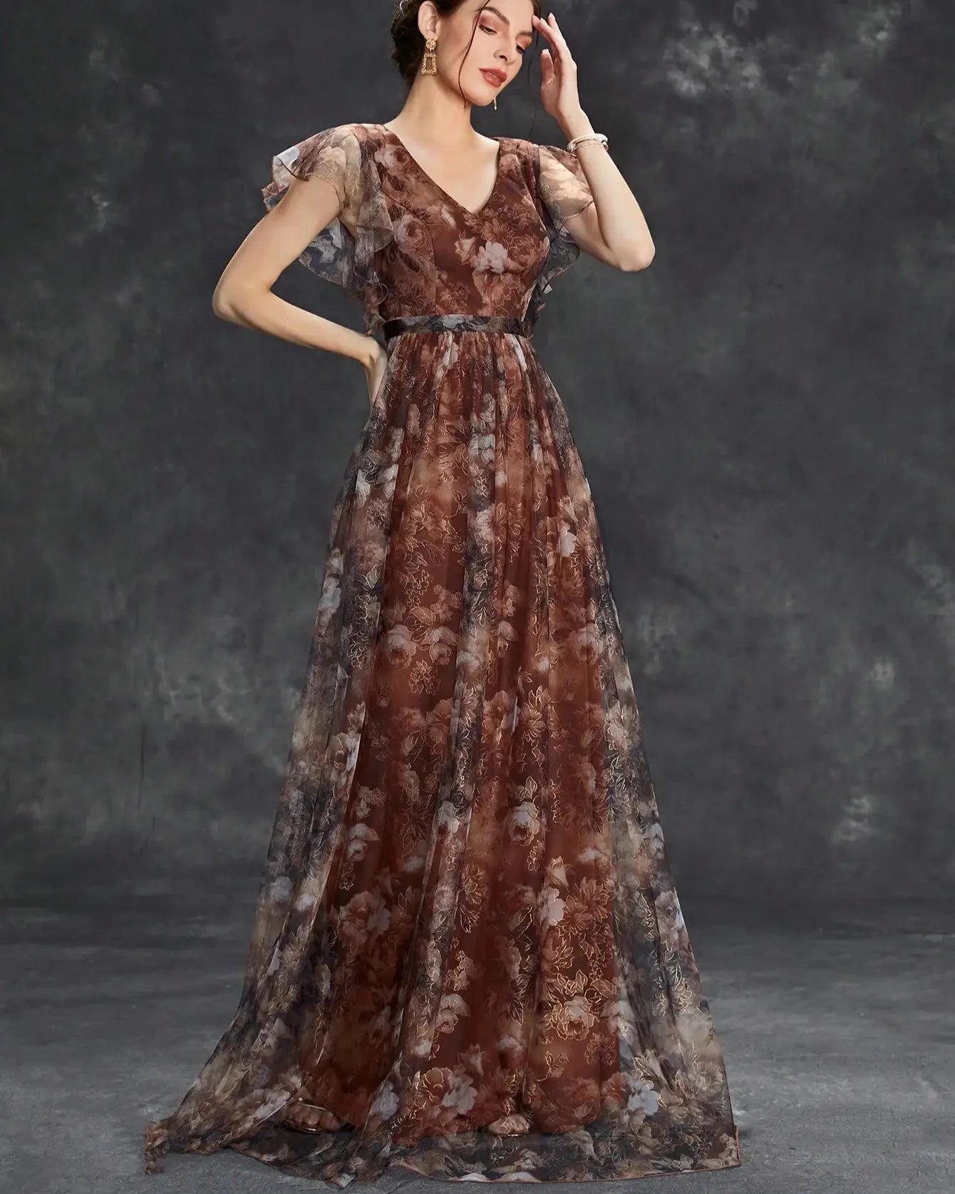 V-Neck Ruffled Lace Evening Gown – Ankle-Length Dress