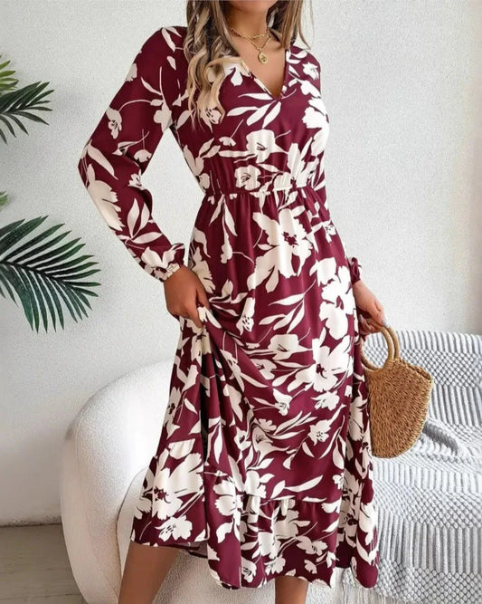 Wine Red Floral Long Sleeve Maxi Dress – Effortless Elegance